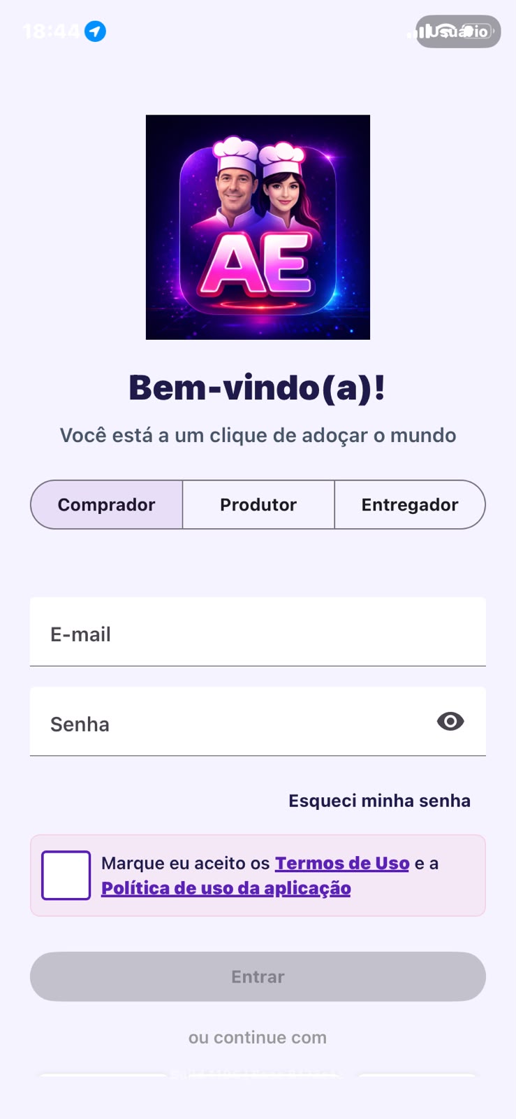 Tela de acesso do aplicativo com a opção Entregador